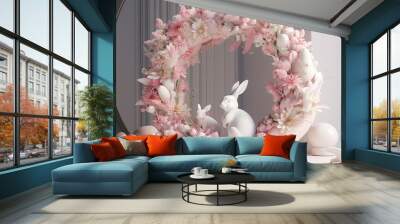 Modern interior design. Artistic design of Spring Easter  Wreath . Generative AI content Wall mural