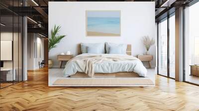 Modern nautical bedroom interior. Wooden double bed with pillows. Abstract light blue sea landscape wall art on a white wall. Wall mural