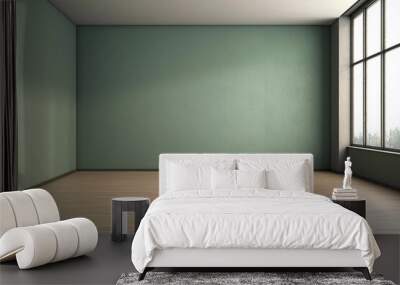 Monochrome pastel sage green empty room with window in modern house. Wall scene mockup for showcase. Textured painted wall copyspace. Wall mural