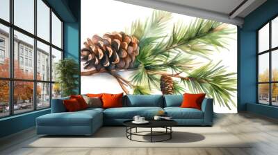 Natural pine branch with cones on a white background, watercolor illustration. Wall mural