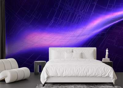 Neon beam of light on cyber surface background. Stream of purple glowing energy flows through futuristic techno schemes. Transfer and processing of grid data Wall mural