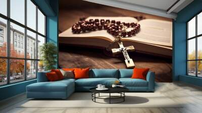 Open bible and wooden rosary with a cross. Generative AI Wall mural