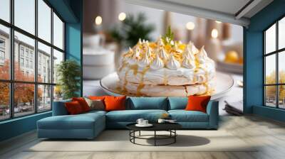 Orange Pavlova Cake topped with citrus sauce, zest and mini meringues crown on a tray. Horizontal, side view. Festive atmosphere. Wall mural