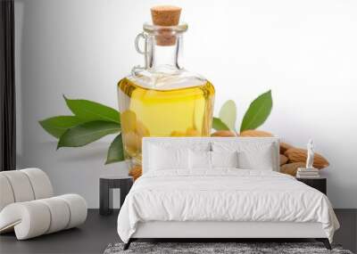 Organic natural almond oil in a glass bottle on a white background. Wall mural