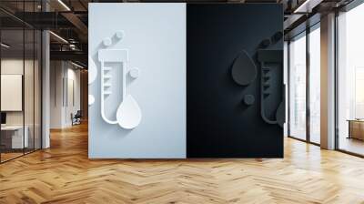 Paper cut Test tube with water drop icon isolated on grey and black background. Paper art style. Vector Wall mural