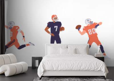 American football player catching, throwing, waiting and attacking with ball isolated set on white Wall mural