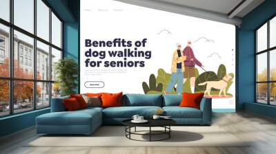 Benefits of dog walking for seniors concept of landing page with elderly couple with dog in park Wall mural