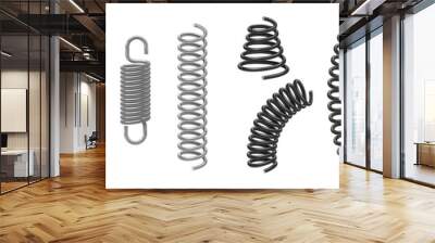 Coil and metal spring flexible cable mockup set. Realistic stainless black and silver spirals Wall mural