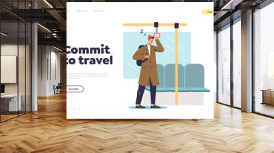 Commit to travel concept of landing page with tired man sleeping in subway carriage Wall mural