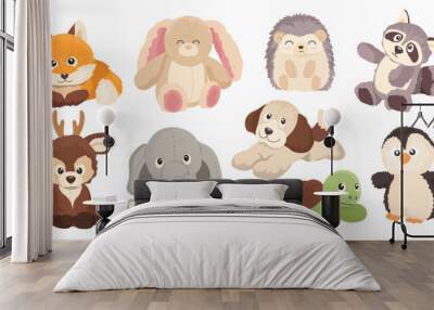 Cute cartoon soft animals, different plush toys for children set isolated on white background Wall mural