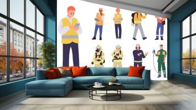 Diverse people worker isolated cartoon characters wearing safety reflector clothes and hardhat Wall mural