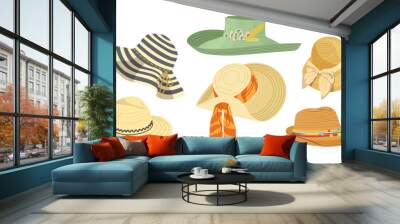 Elegant summer straw and textile hats female stylish accessories isolated set on white background Wall mural