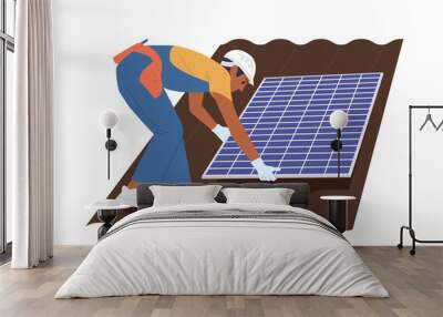 Engineer high-rise worker cartoon character installing solar panel for alternative energy on roof Wall mural