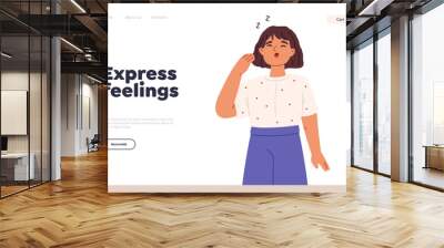 Express feelings concept of landing page with sleepy small kid girl yawn and stretch Wall mural