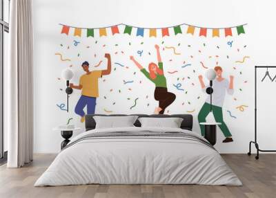 Group of happy people character celebrating event or ceremony having fun and jumping with joy Wall mural