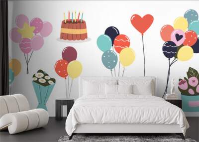 Happy birthday set with cake, flower bouquets, balloons and gifts. Presents for greeting card design Wall mural