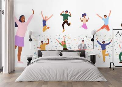 Happy people cartoon characters celebrating success cheerfully jumping rejoicing win and victory Wall mural