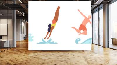 Isolated set of happy young people cartoon character jumping to water in different pose Wall mural