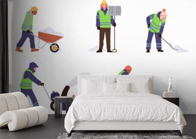 Isolated set of male janitor cartoon characters wearing uniform cleaning street from snow with tools Wall mural