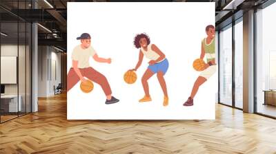 Isolated set of young athlete basketball players characters with ball in different playing position Wall mural