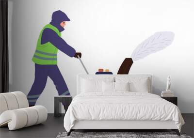 Man janitor cartoon character in uniform using automatic snowblowler machine for cleaning street Wall mural