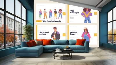 Old school clothes for man and woman, 90s fashion style casual attire isolated landing page template Wall mural