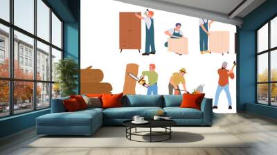 People isolated cartoon characters of different professional job occupation working with wood Wall mural