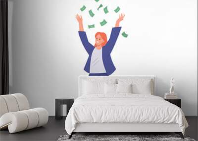 Positive business woman character in formal suit standing under money cash rain catching currency Wall mural