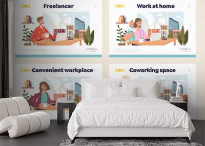 Remote workplace landing pages with freelance workers work from home or in coworking space office Wall mural