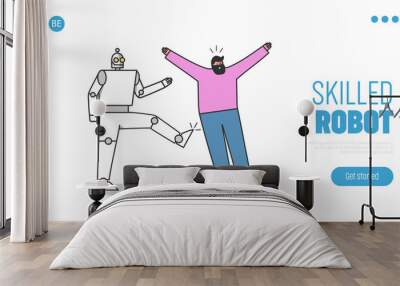 Robotic worker kicks human professional. People against robots at work landing page concept Wall mural