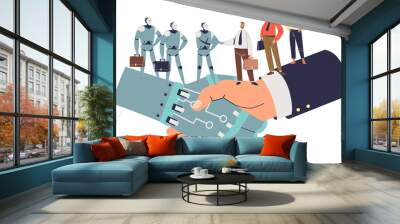 Robots and human collaboration. Business people team handshake with robotic mechanism Wall mural