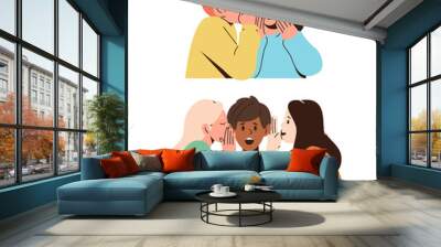 Set of children characters whispering secrets each other on ears isolated on white background Wall mural