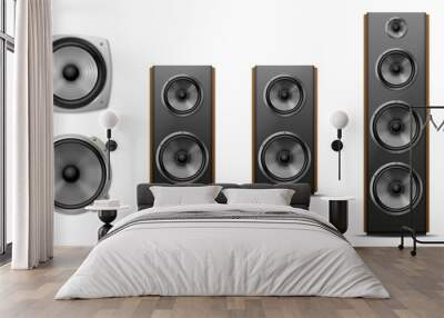 Set of different sound speakers, subwoofer, acoustic audio for concert or home cinema stereo system Wall mural