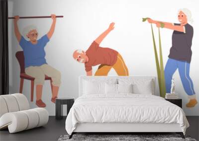 Set of elderly people enjoying sport activity doing physical exercise with fitness equipment Wall mural