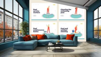 Set of landing pages with swimming pool cleaning, maintenance and repair service workers Wall mural