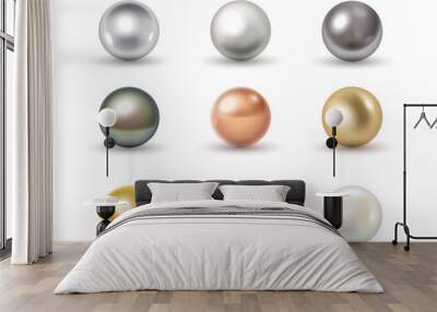 Set of metal balls: golden, chrome, silver, bronze and white 3d spheres isolated Wall mural