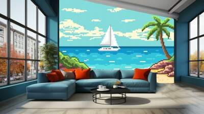 Pixel tropical beach with white sailboat on waves background. Blank yellow sandy beach with palm trees gray stones and green grass. Fluffy blue clouds in sky and white surf foam in vector ocean Wall mural