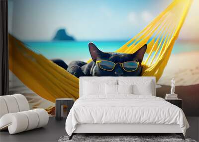 Portrait of an adorable lazy Bombay cat in sunglasses laying in a hammock on an ocean beach enjoying a holiday made with Generative AI. Holiday travel agency advertisement poster concept Wall mural