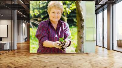 Portrait of happy senior blond woman planting new flowers in her garden. Wall mural