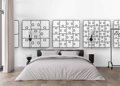 Puzzle pieces set. Jigsaw outline grid. Modern background with separate shapes. Scheme of thinking game. Simple mosaic frame tiles. Cutting template with details. Vector illustration. Marketing banner Wall mural