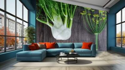 Raw fennel bulbs with green stems and leaves, fennel flowers and root ready to cook on  dark wooden background Wall mural