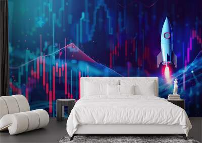 Rocket soaring high with share price graph Wall mural