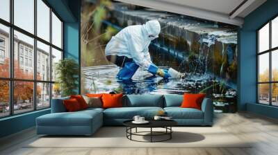 Scientist under water analysis and water quality by get waste water to check case pollution problem Wall mural