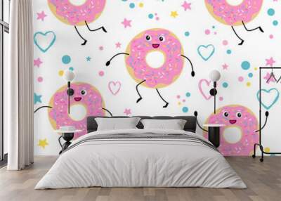 Seamless pattern with cartoon donut character and hearts Wall mural