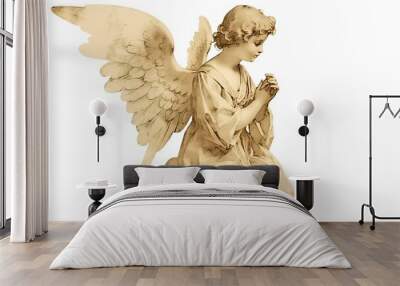 Sepia-toned statue of an angel kneeling with wings spread out behind it Wall mural