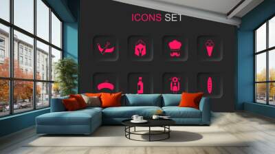 Set Bottle of wine, Roman army helmet, Gondola boat, Scooter, Ice cream waffle, French baguette bread, Italian cook and beret icon. Vector Wall mural