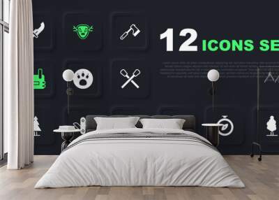 Set Compass, Tree, Paw search, Waterproof rubber boot, Bulletproof vest, Swiss army knife, Deer antlers on shield and Ammunition box icon. Vector Wall mural