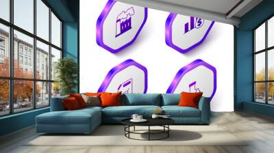 Set Isometric Oil and gas industrial factory, Pie chart dollar, Canister for gasoline and petrol test tube icon. Purple hexagon button. Vector Wall mural