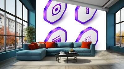 Set Isometric Stereo speaker, Keytar, Xylophone and Guitar neck icon. Purple hexagon button. Vector Wall mural