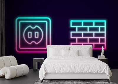 Set line City landscape, Electrical outlet, Bricks and Worker safety helmet. Glowing neon icon. Vector Wall mural